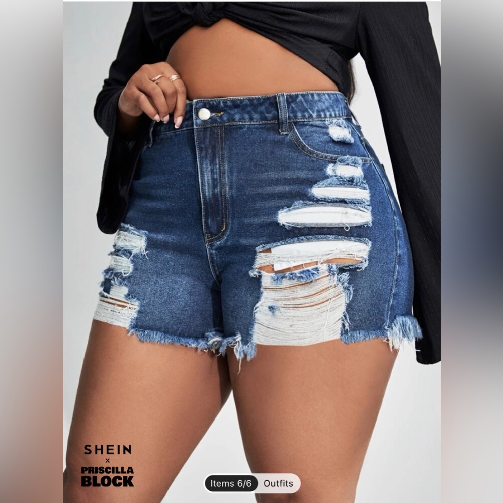 Shein x Priscilla Block high waisted ripped denim shorts